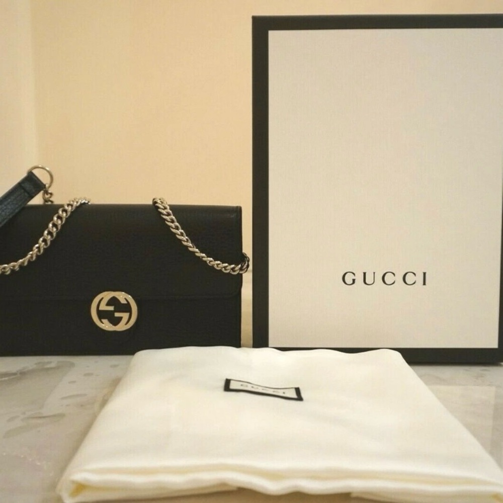 Gucci Interlocking Chain Wallet Black Leather Cross Body Bag - Picture 8 of 16